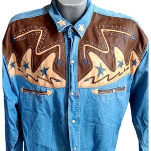 XL Vintage Shooter Western Denim Shirt Cowboy Snaps All Cotton 1990's